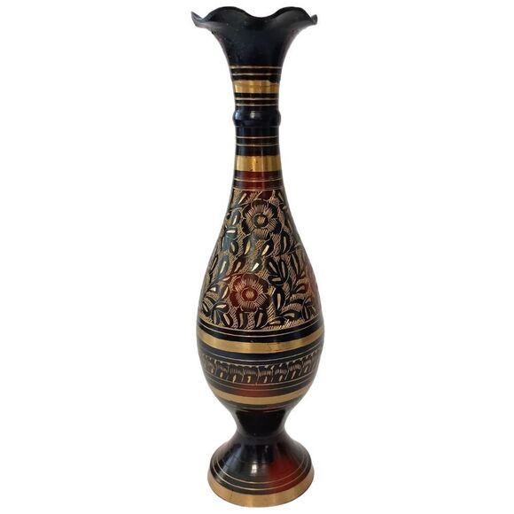 Brass Etched Gold Vase Brown Red Fluted Goth Witchy Kapasi Vintage Christmas - Picture 10 of 16